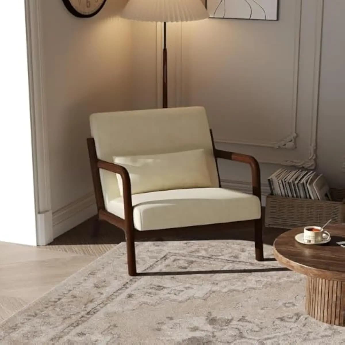 Mid-Century Lounge Chair with Ergonomic Lumbar Support Pillow • Textured Chenille Upholstery • Splayed Wooden Legs • Curved Armr
