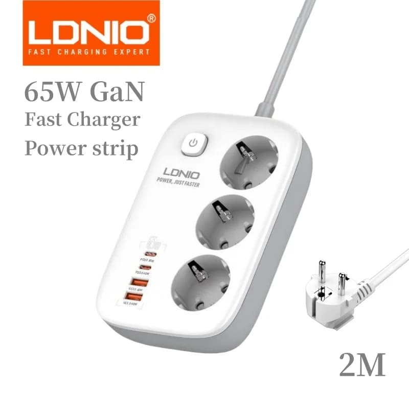 LDNIO Presa multipla Spina standard UE 3 prese con PD 65W 4 USB Ricarica rapida Cavo di prolunga da 2M Adattatore presa filtro di rete