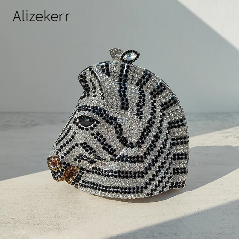 Alizekerr Borse da sera con diamanti a forma di cavallo da donna Splendide borse e borsette con strass a strisce zebrate uniche per la festa nuziale
