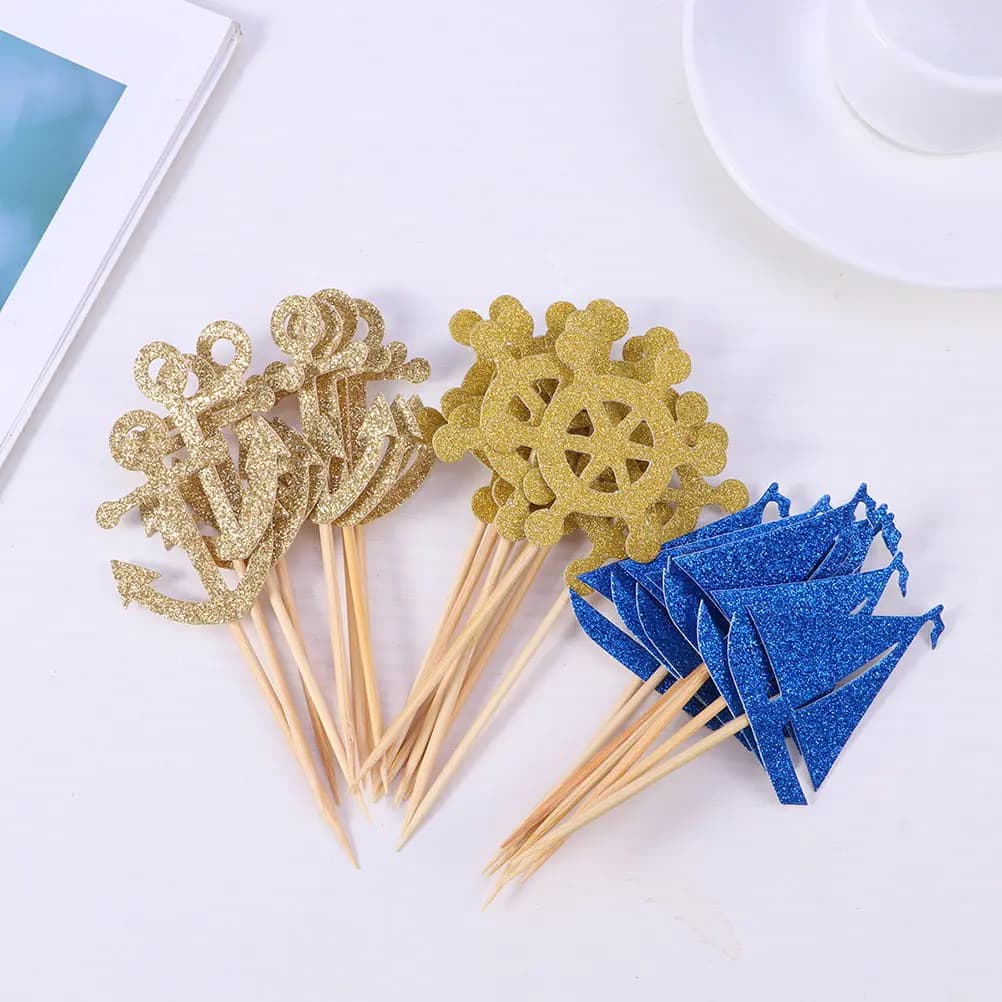 36Pcs Nautical Dessert Toppers Sailing Boat Anchor Cupcake Picks Cake Flag Party Food Insert Cards Ocean Style Decor