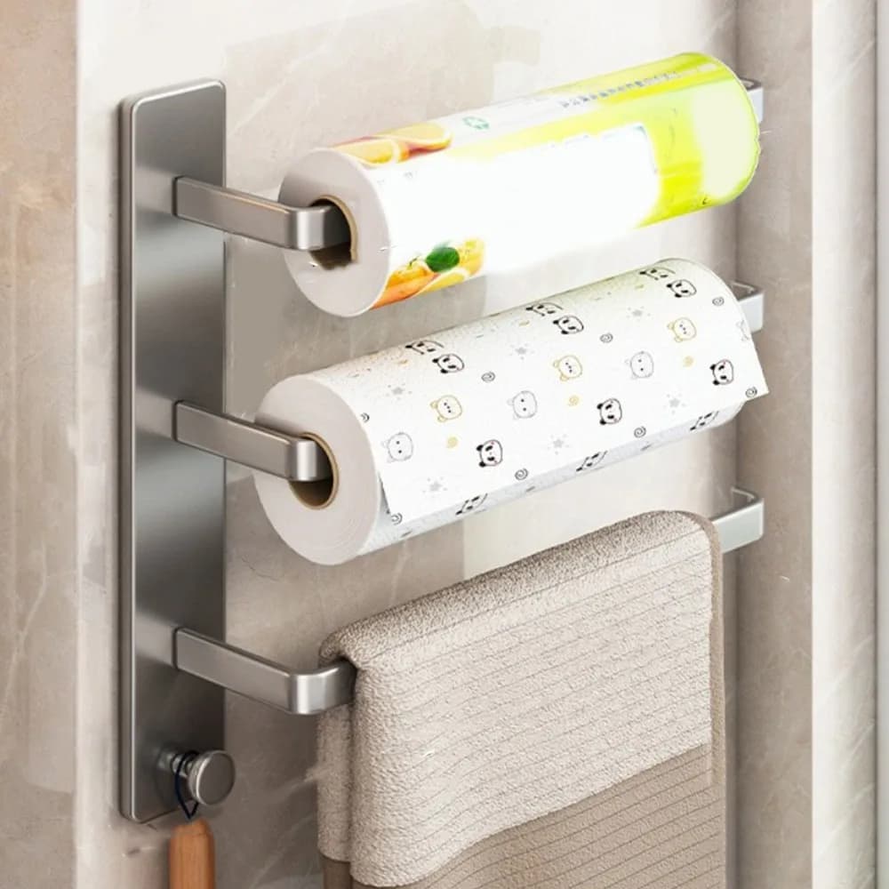 Portarotolo in Acciaio al Carbonio Senza Foratura, Salvaspazio, Porta Pellicola Alimentare, Porta Asciugamani da Parete, Scaffale per Armadietto