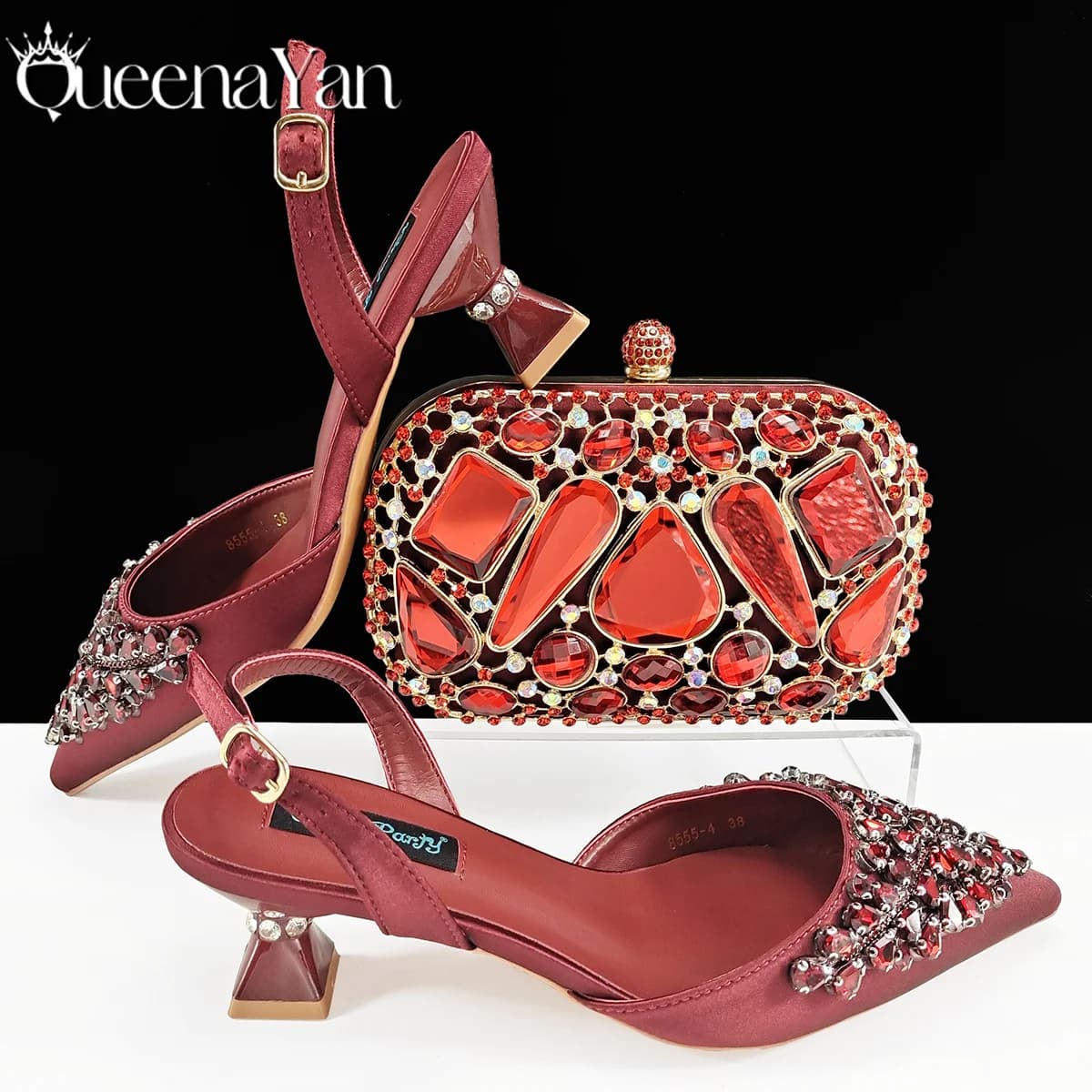 Queena Yan Set di Scarpe e Borsa da Donna Eleganti e Mature con Strass Colorati di Varie Forme per Feste e Matrimoni