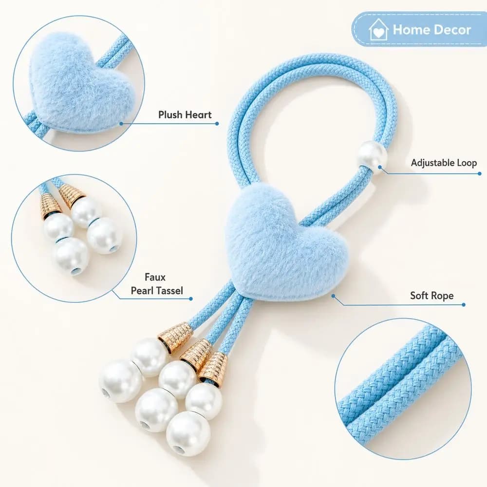 Gifts Heart Curtain Tieback Faux Pearl Tassel Adjustable Loop Curtain Holdback Multicolor Rope Drapery Tieback Bedroom