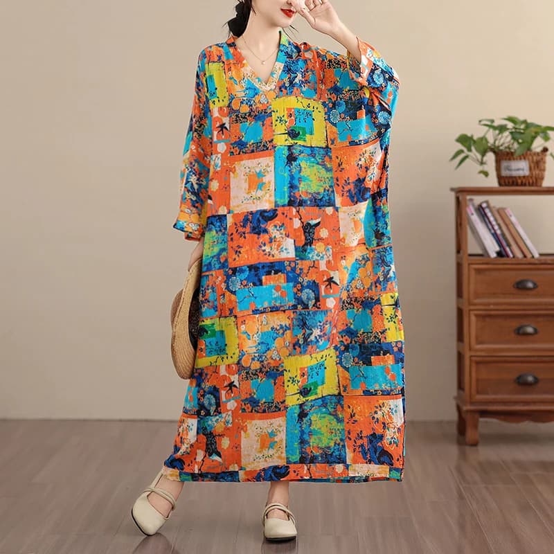 Abito Lungo in Cotone e Lino con Scollo a V, Nuovo Stile Primaverile, Fantasia Floreale, Casual da Viaggio, Design con Vita Morbida, Maniche a Tre Quarti, Vestito Stile H