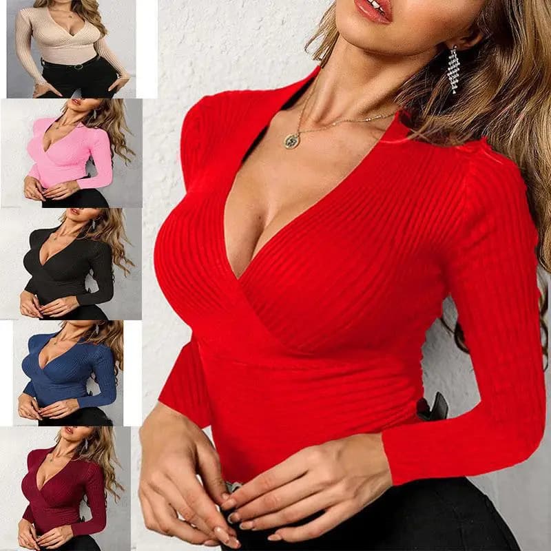 Women's Sexy Ribbed Knit Wrap Top Deep V Neck Long Sleeve Slim Fit Bodycon Cross Front Blouse Clubwear