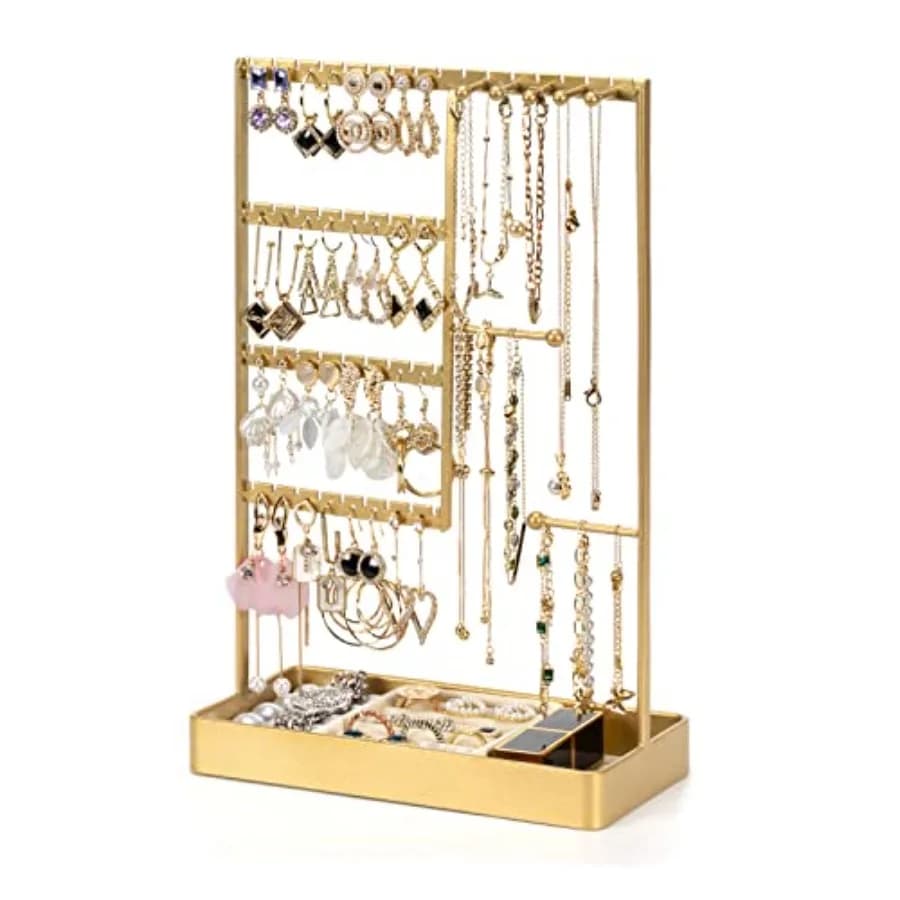 Jewelry Organizer, 4-Tier Earring Holder Organizer with Metal Tray, Jewelry Holder Stand for Necklaces Stud Earrings Bracelets