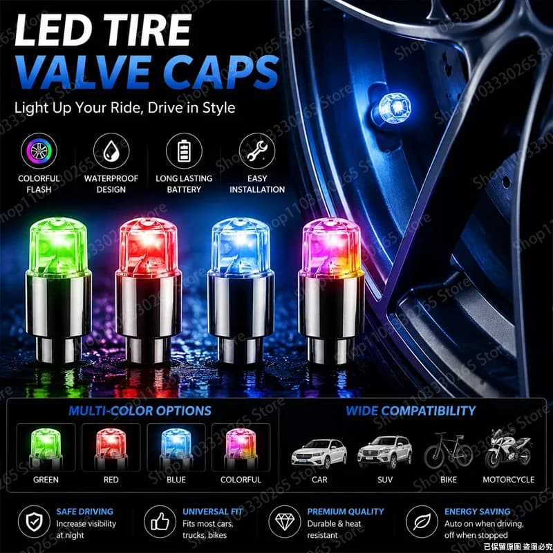 LED Tire Valve Cap Lights, Multi-Color Flash, Waterproof, Motion Activated, for Cars, Motorcycles & Bikes
