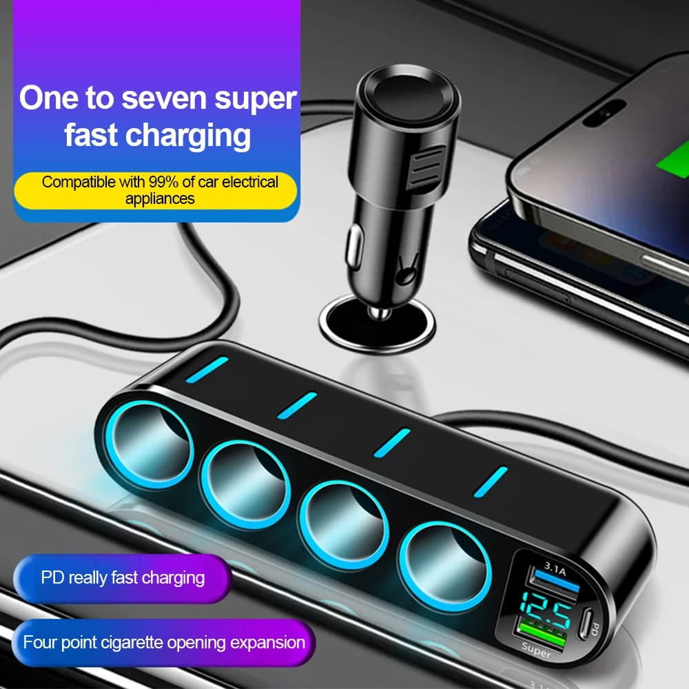 Uno a sette caricabatteria per auto con display digitale 12-24V quattro accendisigari doppio USB Pd 66W caricabatteria multifunzione per auto universale