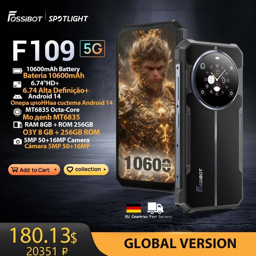 [Premeire mondiale] FOSSiBOT F109,5G Smartphone robusto, Android 14 10600 mAh, 24 GB di RAM (8 GB + 16 GB), 256 GB di ROM, NFC, ID frontale
