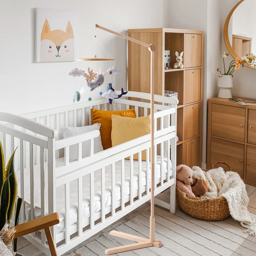Staffa per campana per letto mobile in legno Supporto da pavimento regolabile nella direzione dell'altezza Culla con giocattoli musicali Giocattoli sonaglio lenitivi per bambini