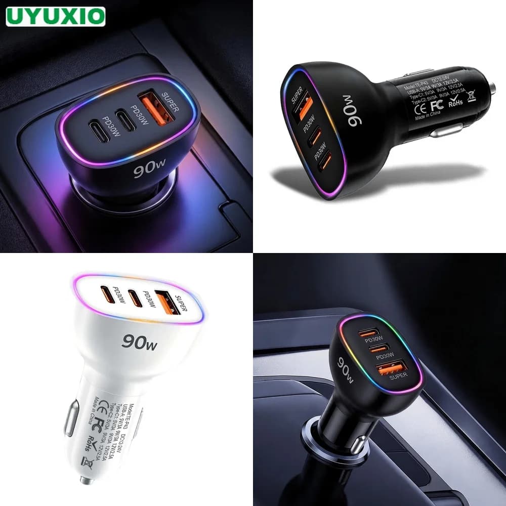 Multi Port 90W Car Charger Super Fast Charging Dual PD 30W Type C USB A 3 in 1 Adapter for Laptop MacBook PPS QC3.0 RGB LED LED