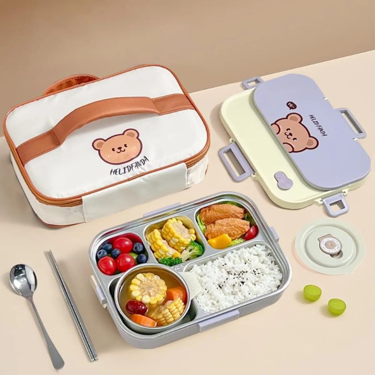 Contenitore per il pranzo Bento in acciaio inossidabile 304 con 4/5 scomparti, per bambini e studenti, riscaldabile, portatile, sigillato, con posate.