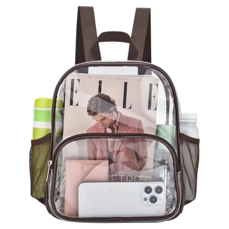 Clear Backpack for Stadium Events 12x12x6 with Front Pocket for Concert Sport Fashion Women Backpack Events Work Travel Chocola