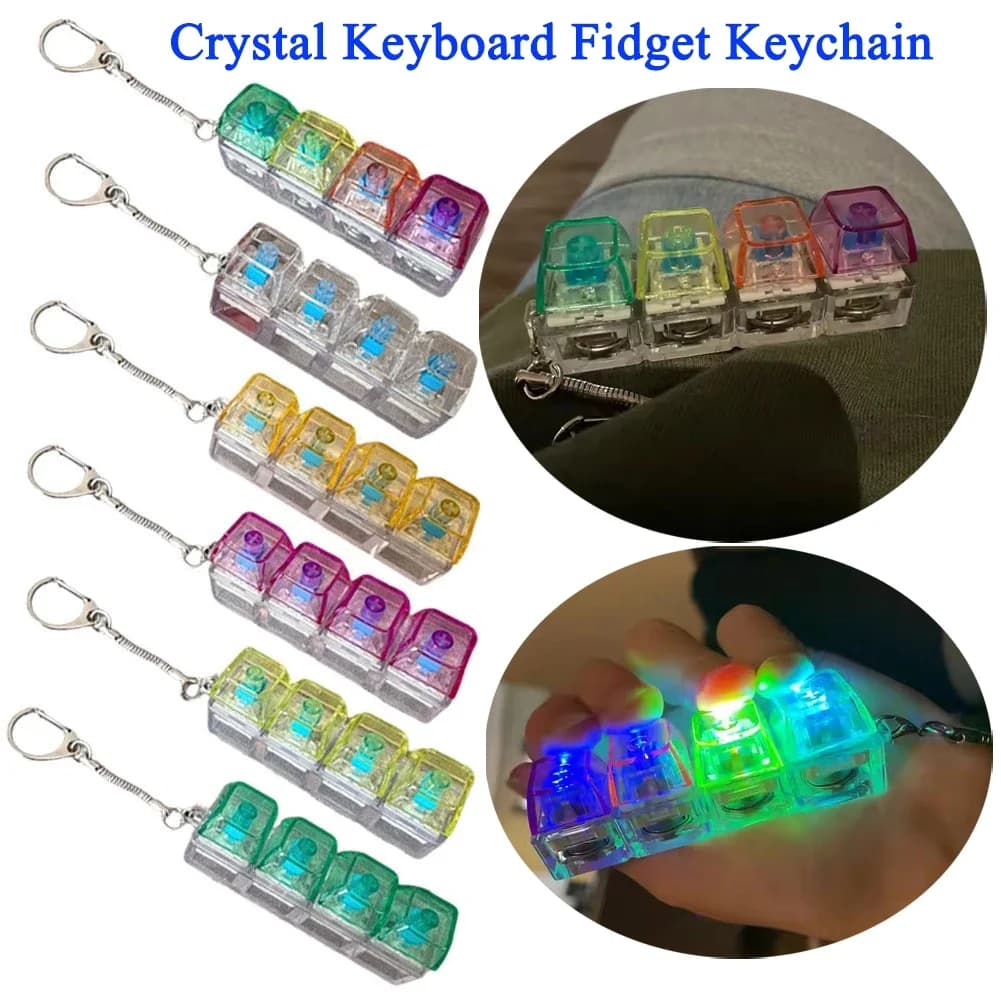 Crystal Keyboard Fidget Keychain Stress Relief Clicker Fidget Keyboard with LED Decompression Gift Backpack Keyring Pendant