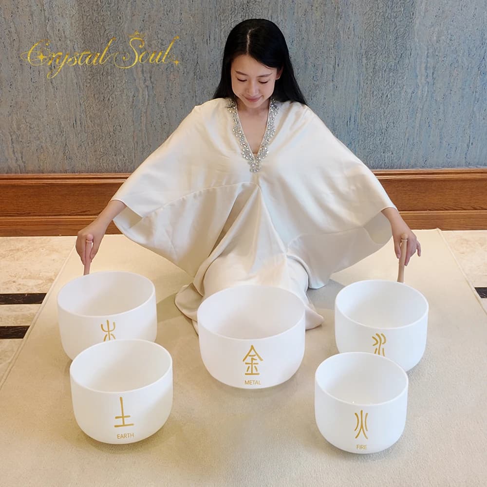 Crystal Soul Five Elements of China 8-10 Inch High Quality Frosted Crystal Singing Bowl Set Classic White Crystal Bowl
