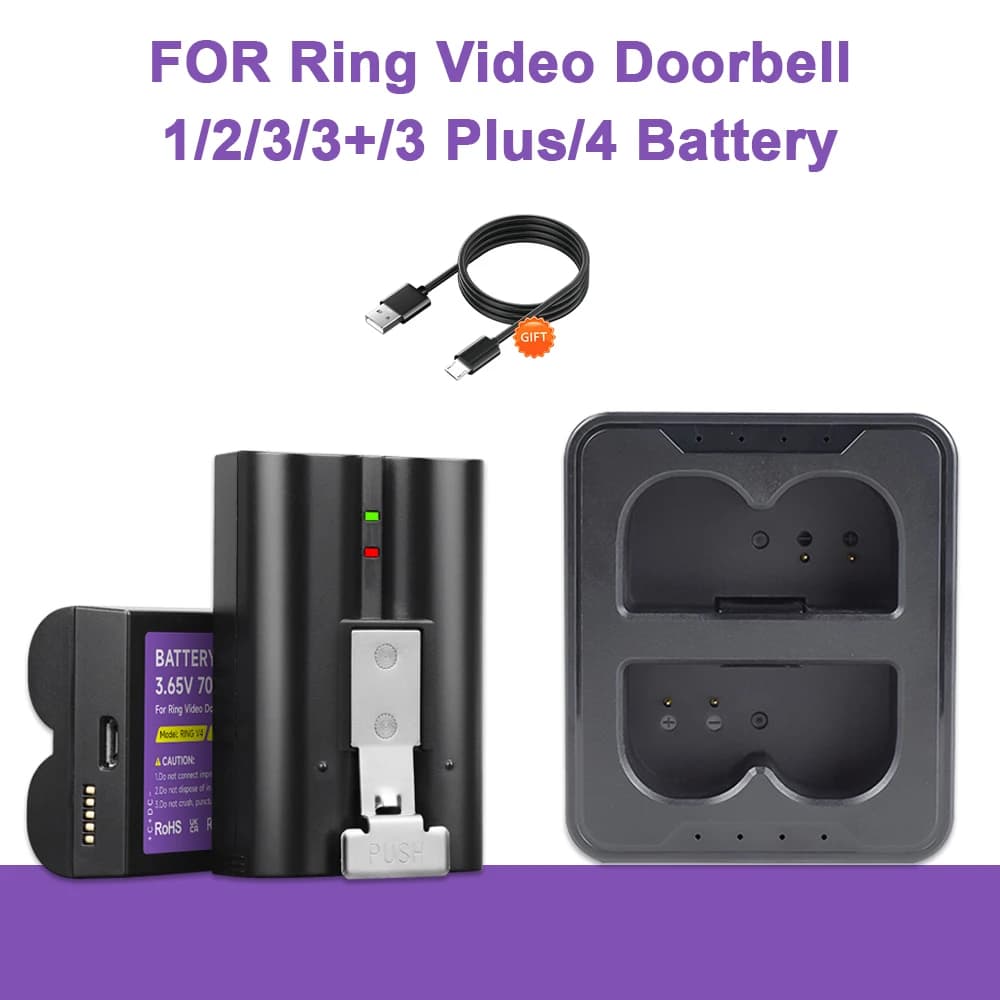 Batteria agli ioni di litio da 3,65 V 7000 mAh per campanello Ring Video 1/2/3/3 Plus/4 con caricabatterie rapido per batteria Ring-Video V4 Stick Up Cam
