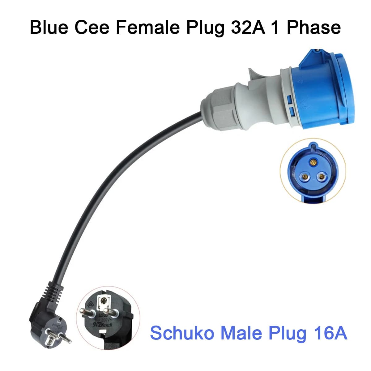 Adattatore NTO Blu da Presa Femmina CEE a 3 Fori a Spina Schuko a 2 Pin per Caricabatterie EV Tipo 2