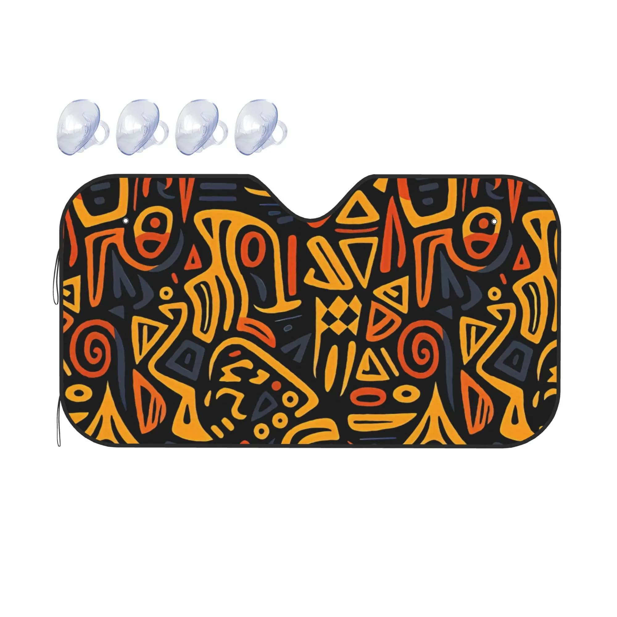 Parasole per parabrezza auto con motivo labirinto africano, ispirato all'arte africana, con arancioni, gialli e blu su nero, per mini auto