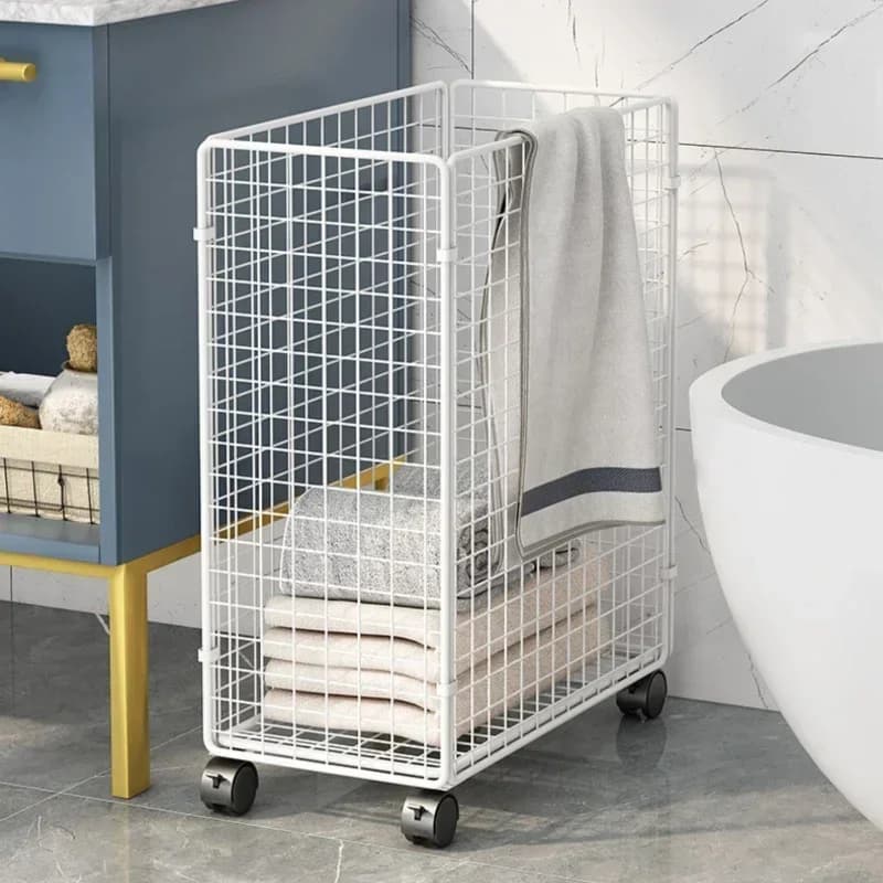 Nice folding wooden basket in iron: home bathroom with wheels, design cable and breathable, solution to store yoga mats