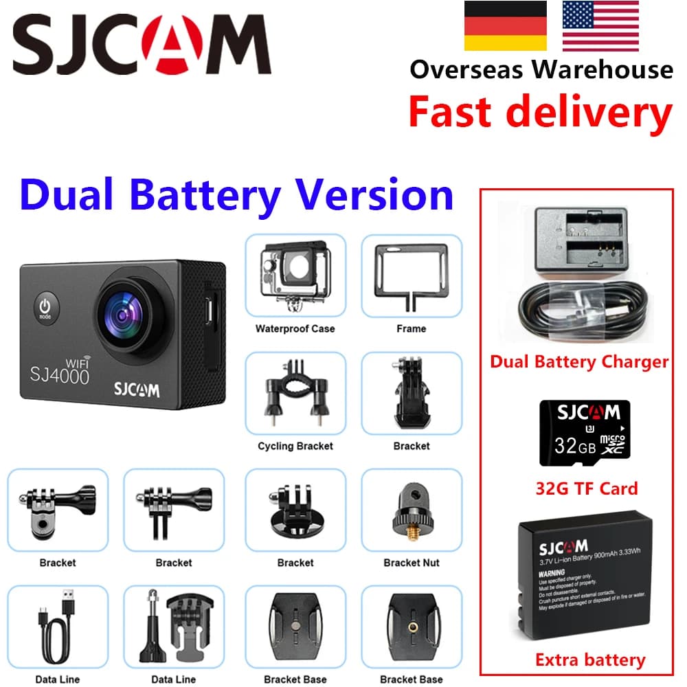 SJCAM SJ4000 Wifi 4K Action Camera Underwater Cam Long Battery Life Combo With 32gTF Card Dual Battery Charger Extra Battery