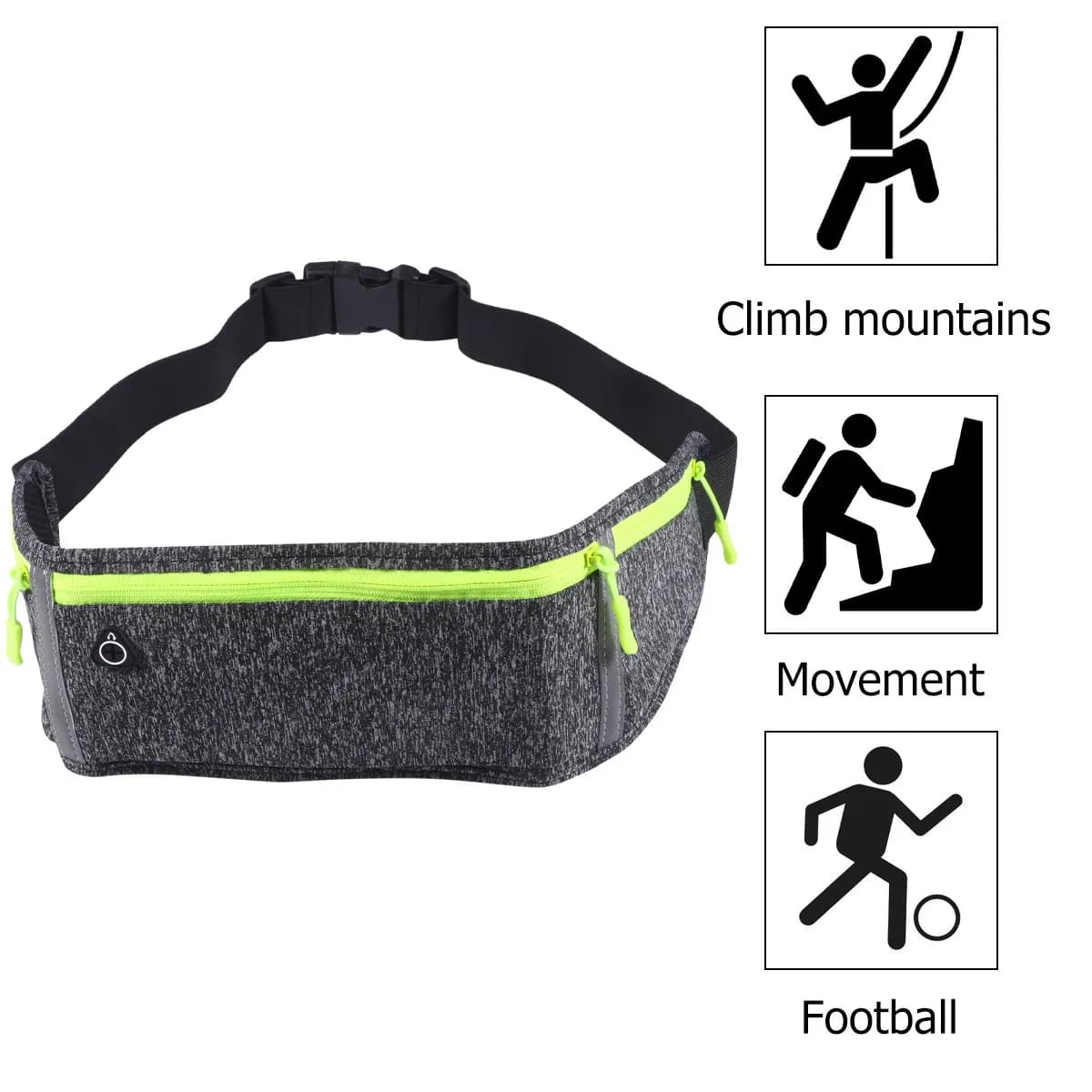 1Pcs Three Compartment Running Waist Pouch Dark Grey Waterproof Sports Belt Water Resistant Reflective Fabric Smooth Zipper