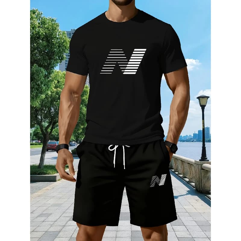 Summer Fashion Trend Casual Sports Two-Piece Set Trendy Men'S Short Sleeved T-Shirt+Shorts Set