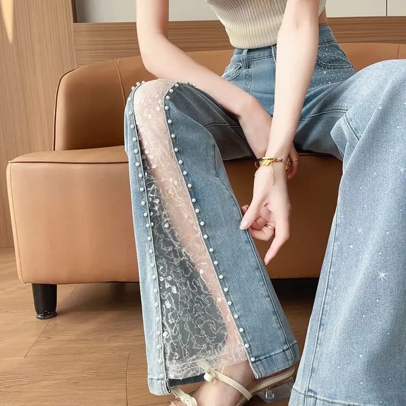 Summer Y2K Loose Straight Leg Flared Jeans Women Trousers Baggy Casual High Waist Retro Washed Vintage Style Women's Lace Jeans