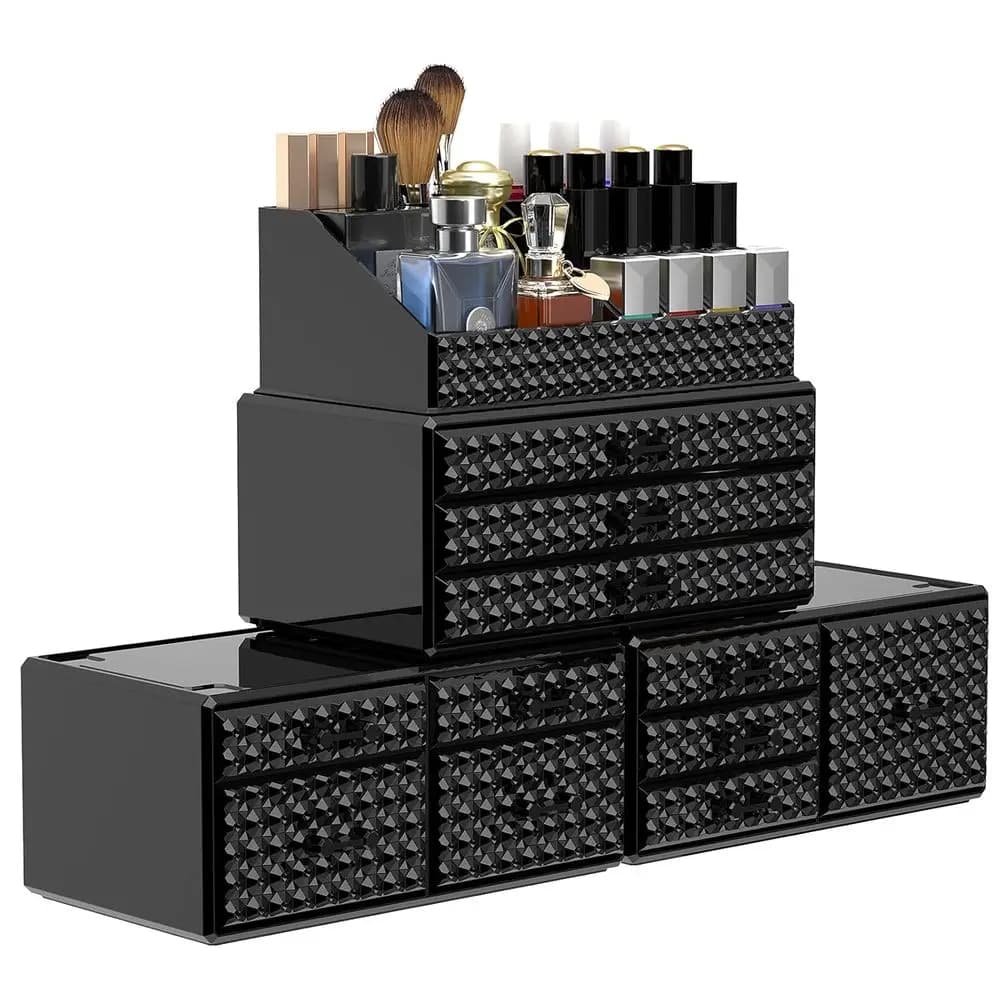 Set di 4 Organizzatori per Trucchi Impilabili [Aggiornati], Contenitori in Acrilico per Cosmetici con 11 Cassetti, Organizzatori per Profumi e Portapennelli