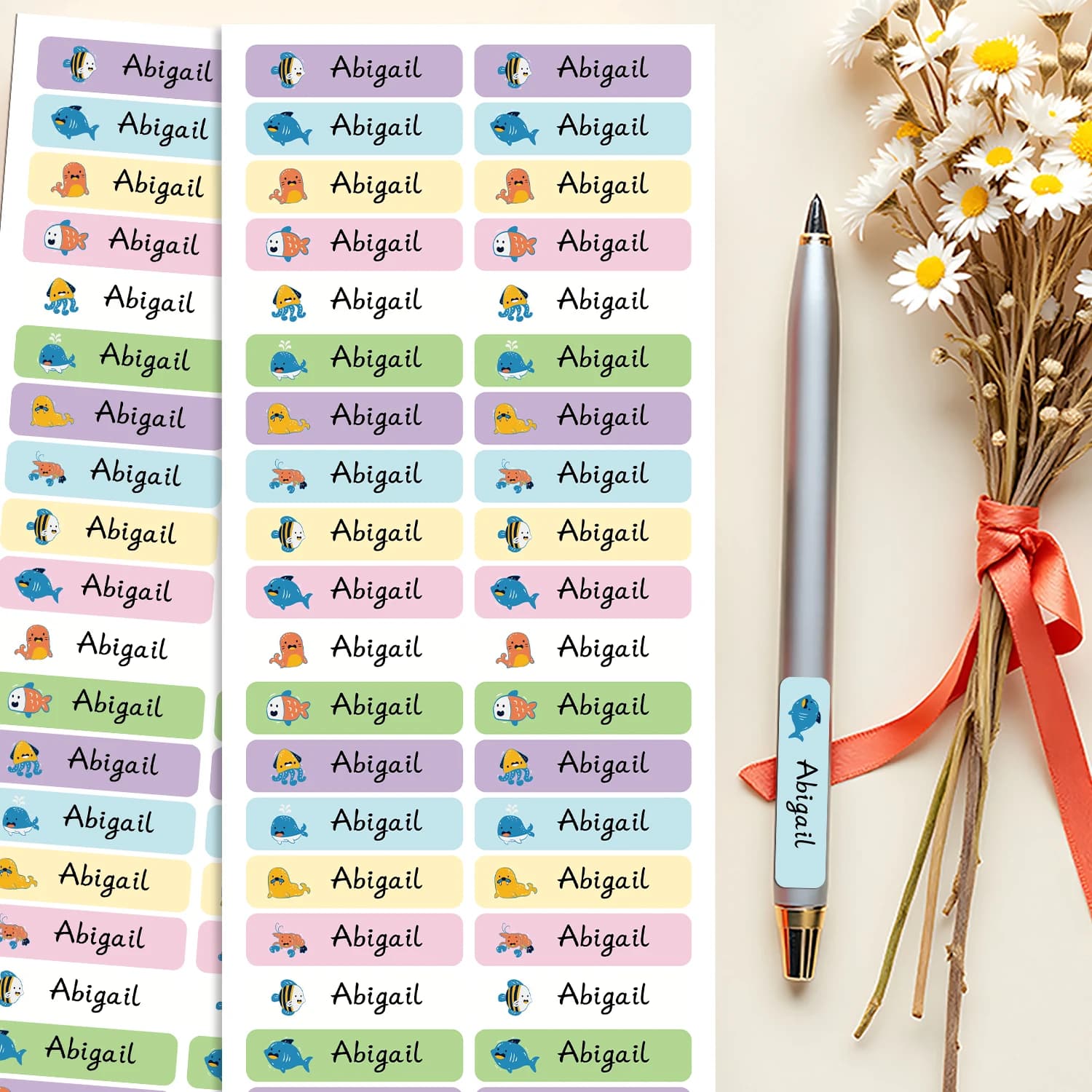 Etichette personalizzate per organismi marini Adesivi Etichette con nome impermeabili per serie animali Bottiglie Wattle Zaini Materiale scolastico