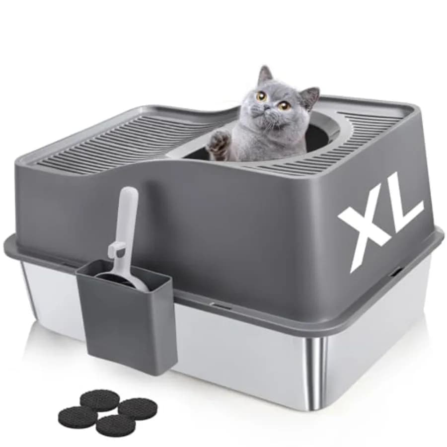 Lettiera per gatti in acciaio inossidabile con coperchio, extra large, con ingresso dall'alto, per gatti di grossa taglia, chiusa, rimovibile, in metallo.
