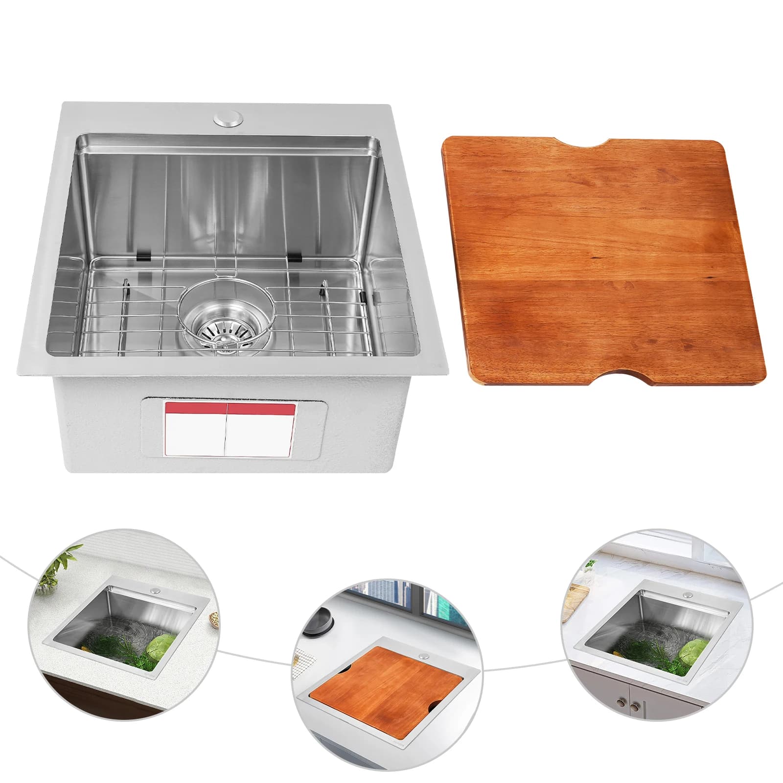 Lavello in acciaio inossidabile da 15 * 15 pollici/17 × 19 pollici, lavello per workstation rettangolare argento con montaggio superiore per tagliere per case, ristoranti