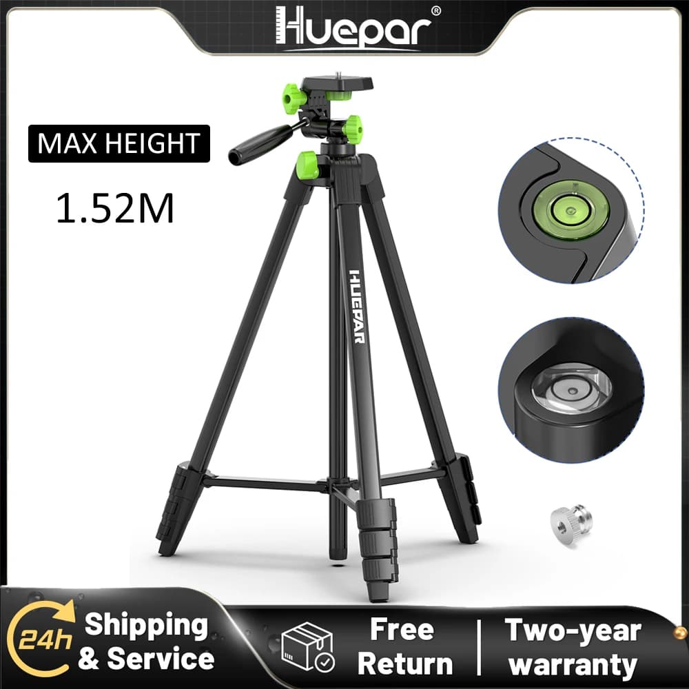Huepar 1.52M Treppiede di livello laser regolabile Telemetro multifunzione Treppiede per fotocamera da viaggio Testa panoramica girevole a 3 vie 360 ° & Bubble