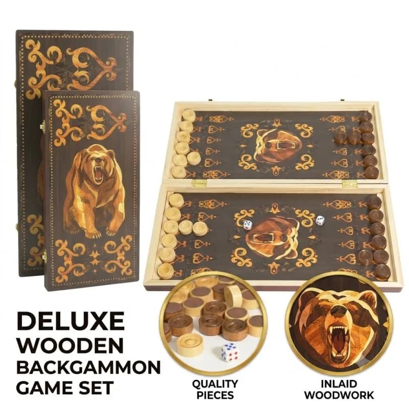 Premium Wooden Backgammon Bear Portable Folding Chess Board Sets Exquisite Chess Set Chess and Checkers Game Set