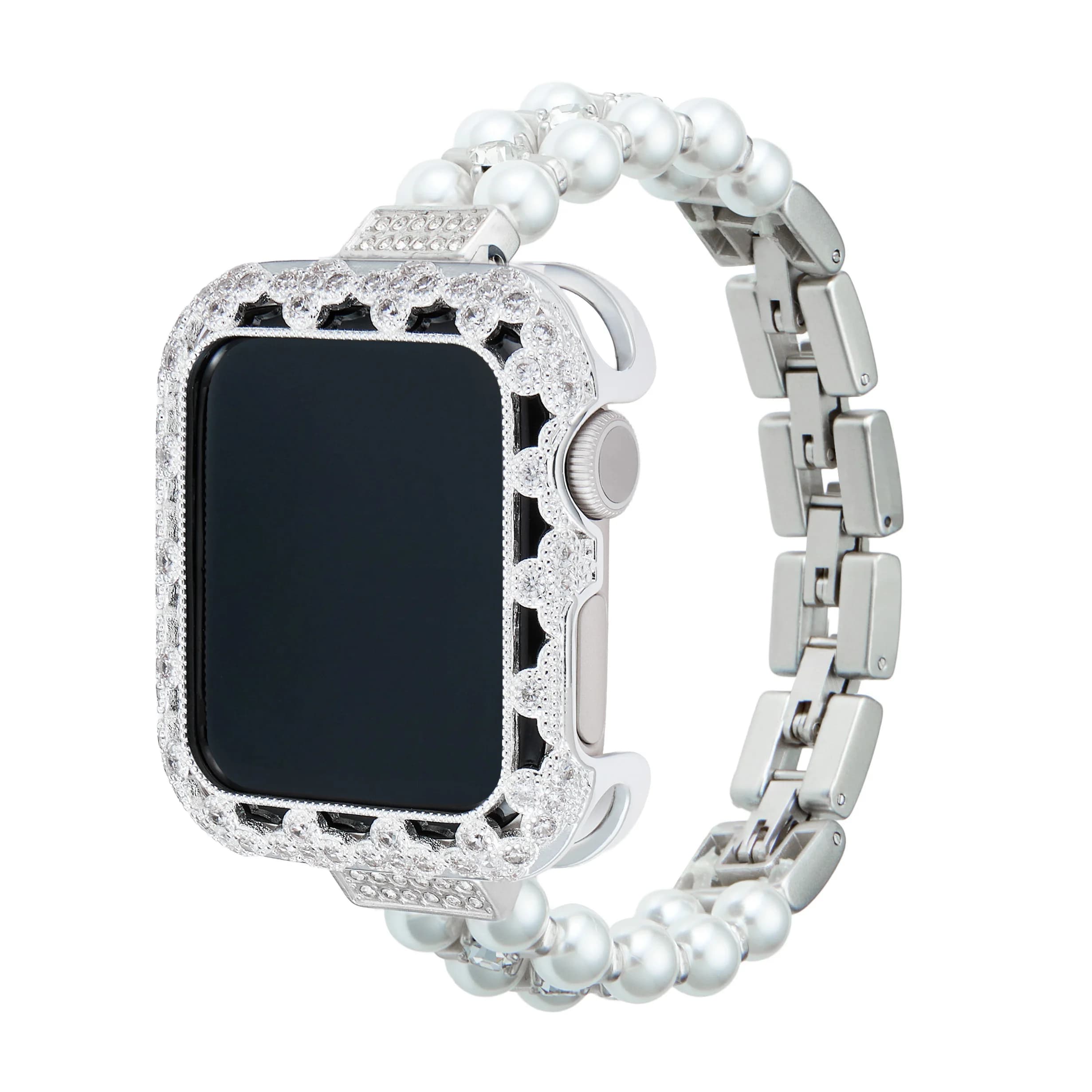 Luxury Pearl Zirconia Apple Watch Band & Case for Women, Adjustable Bracelet Strap, Compatible with Series 1-9/SE/Ultra, Gift