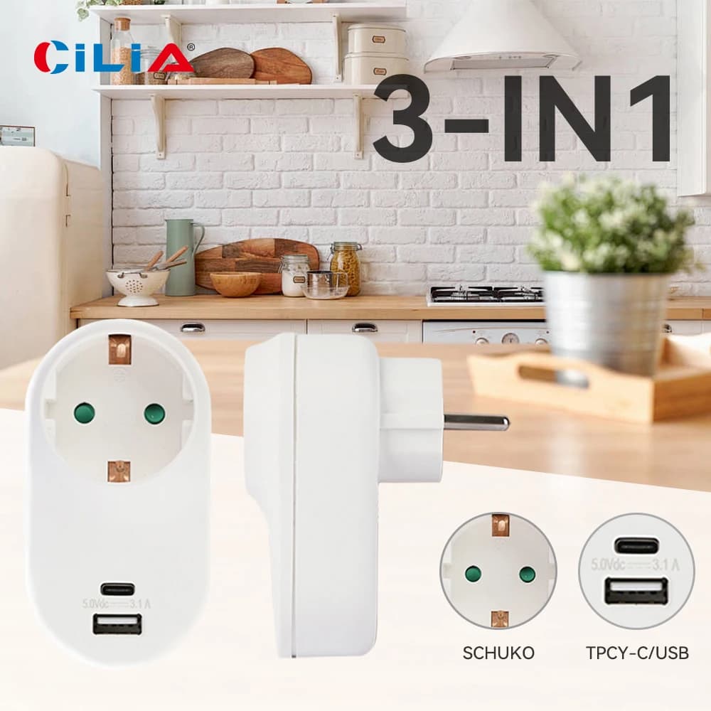 CILIA Schuko multi-faceted extension, adapter, wall socket with 1 USB port and type C, 2 holes, 1 piece, 2 pieces