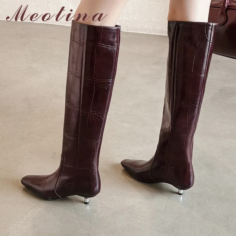 Meotina Women Genuine Leather Knee High Boots Square Toe Thin Mid Heels Concise Long Boots Ladies Autumn Winter Shoes Wine-Red