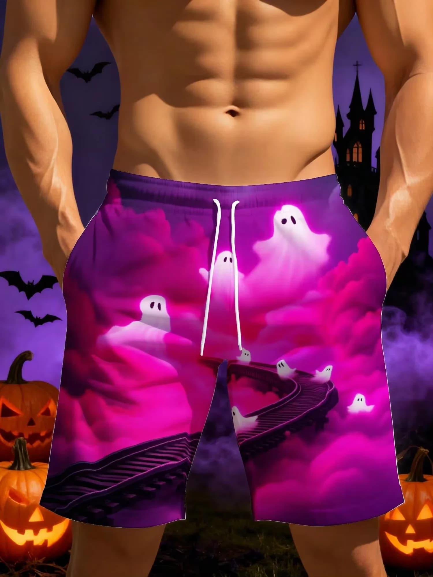 Men's Beach Shorts Halloween Costume Ghostly Clouds And Pumpkins Path Pattern 3D Print,Fashion Vacation Casual,Lightweight Comfortable,