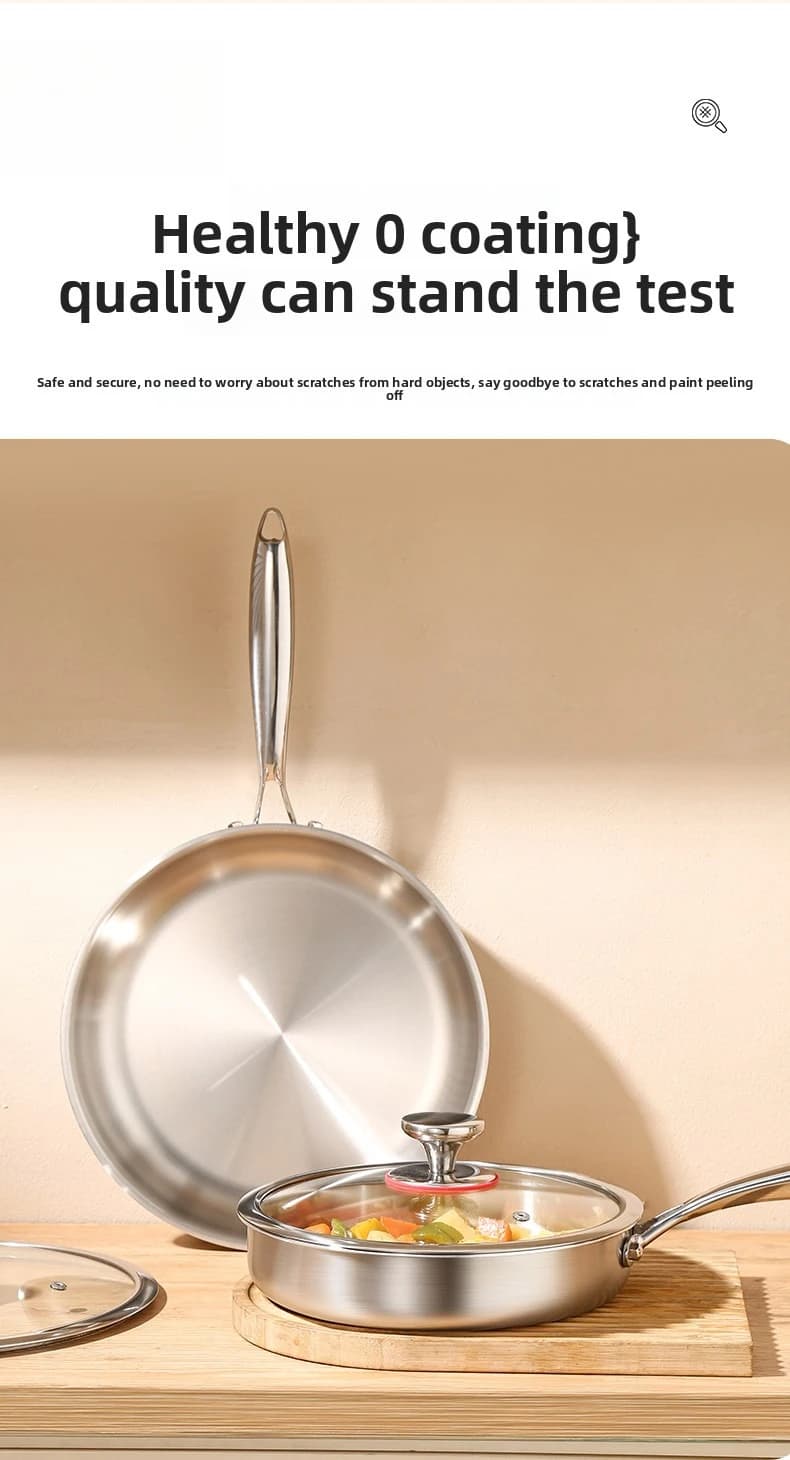 Non-coated 316L stainless steel non-stick pan, flat bottom for domestic use, for steaks, omelets, wok, special for gas and induction stoves