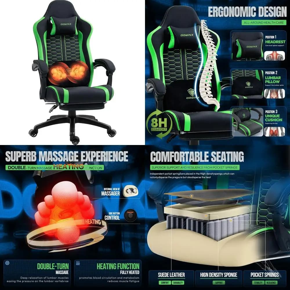 Sedia da gioco ergonomica con supporto lombare per massaggio con cuscino riscaldato, sedia per computer con poggiapiedi e comfort a molla tascabile per En