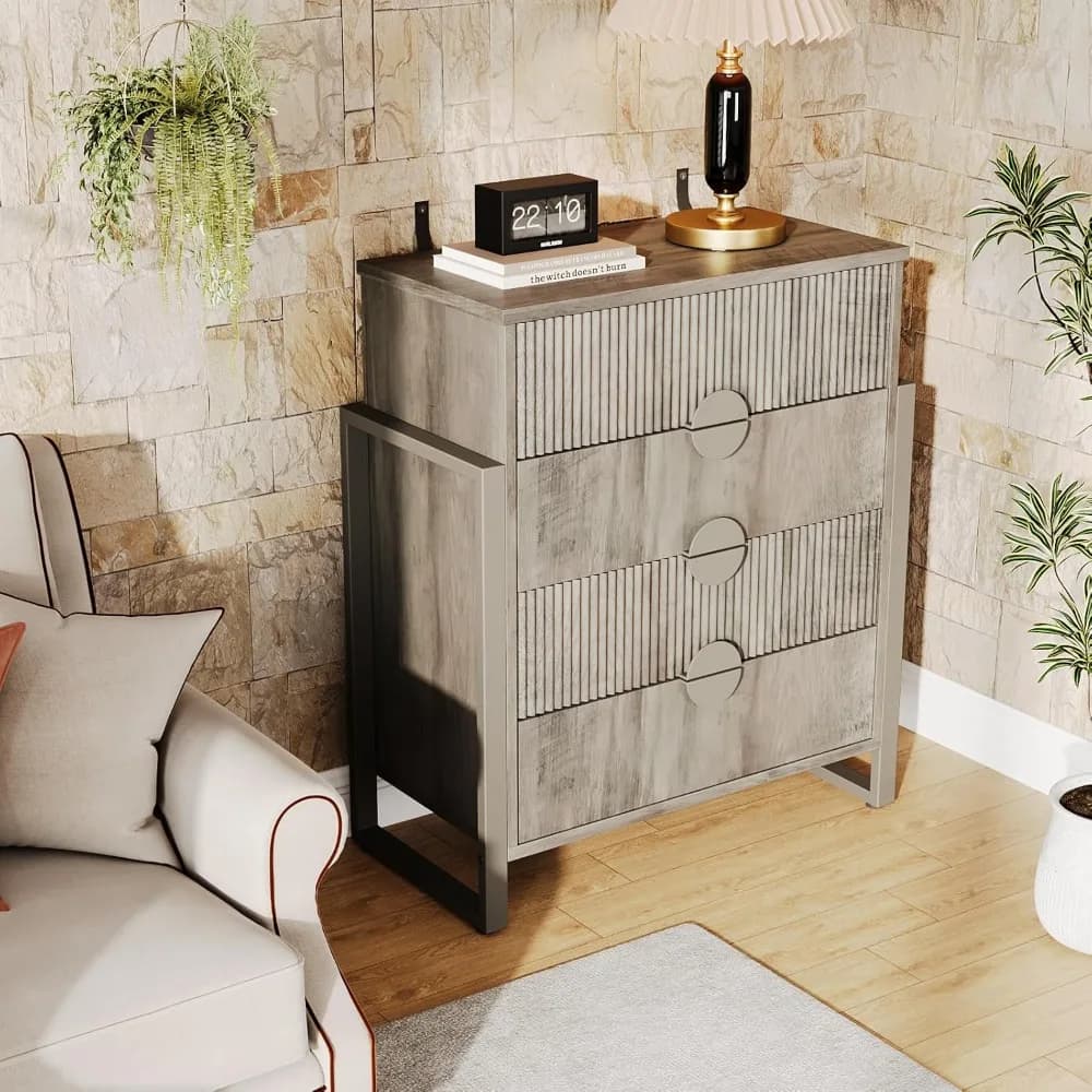 Cassettiera moderna grigia scanalata, cassettiera alta 36 2 pollici, quattro cassetti profondi con gambe a H rialzate