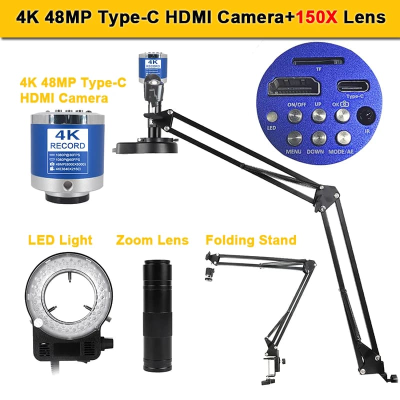 Welding microscope with zoom lens 1-150X HD 4K 48MP 1080P Industrial camera Type C HDMI Video Digital microscope for electronics