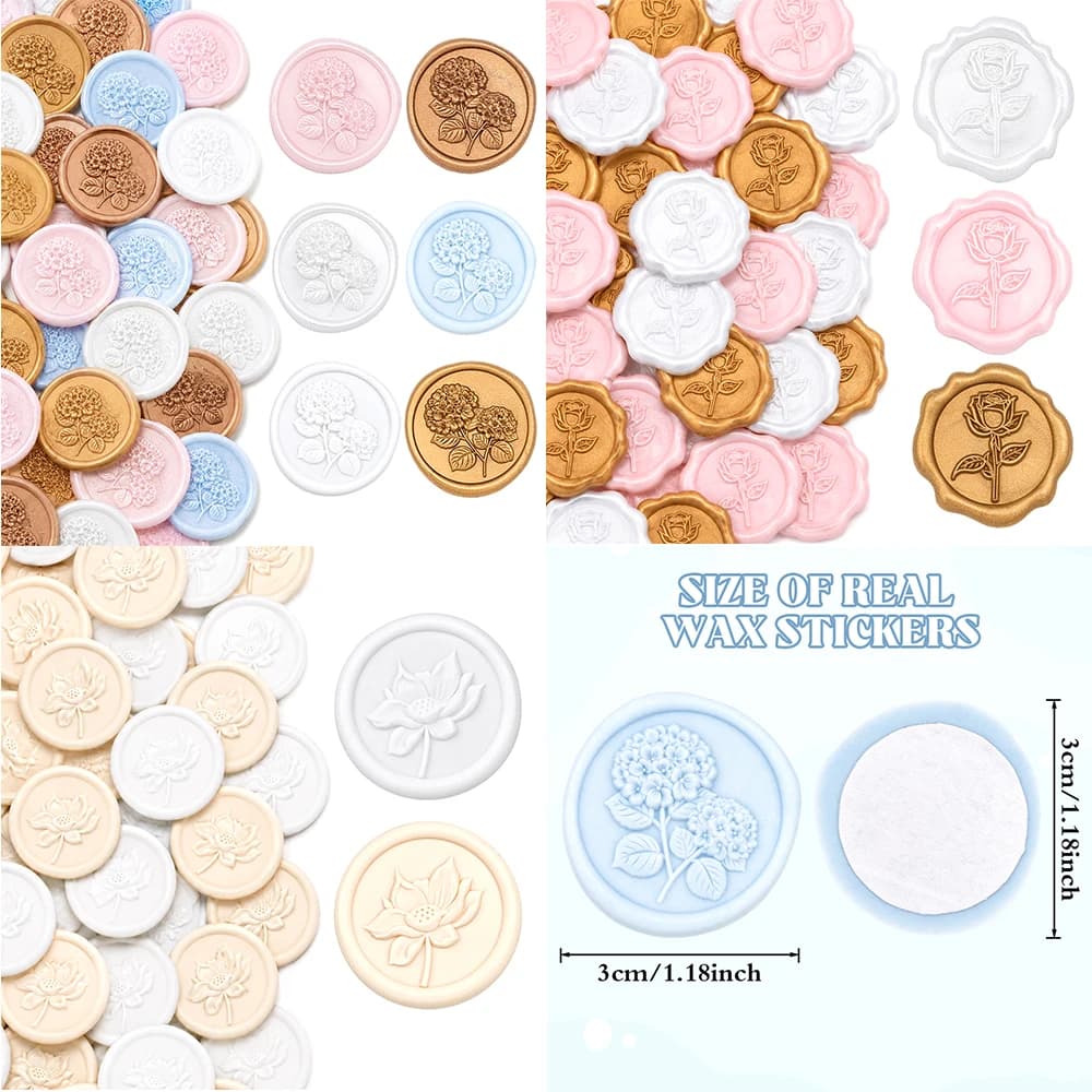 Craft Embossed Flower Wax Seal Stickers 20Pcs 3cm Self Adhesive Rose/Lotus/Hydrangea Sealing Stickers for Wedding Envelopes