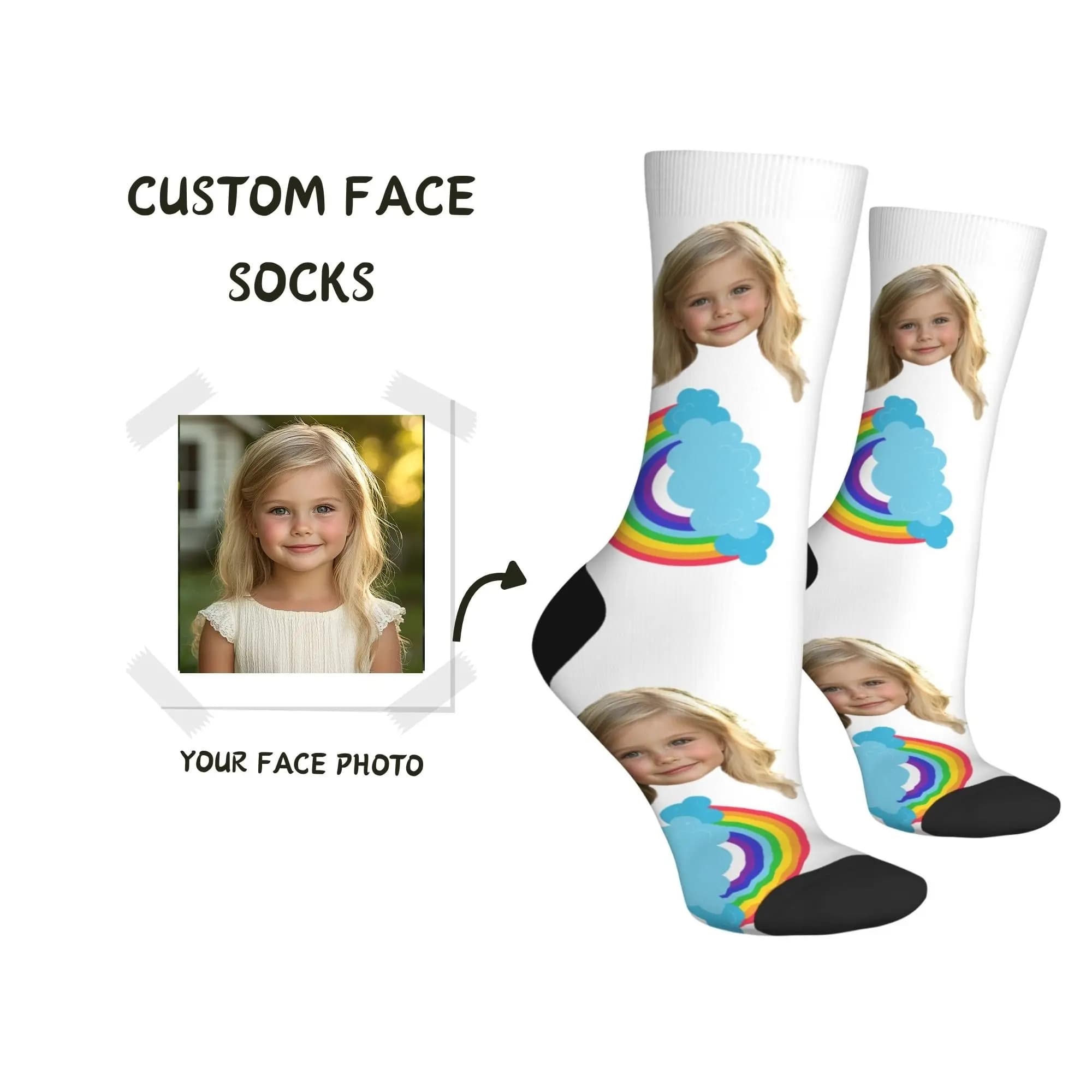 Warm Heart Personalized Custom Cute Children’s Day Socks Kids Facial Rainbow Clouds Print Distinctive Gift for Grandparents
