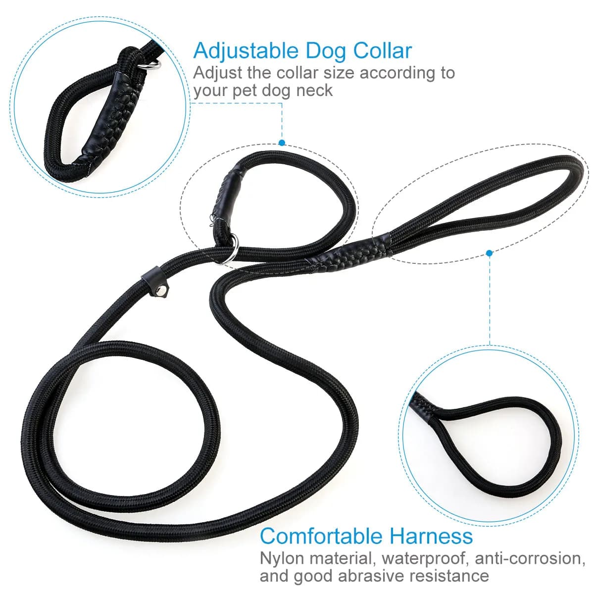 Black 150Cm Nylon Cotton Dog Leash Training Lead Traction Rope for Walking Running Outdoor Use Soft Stretchy Strong Bite