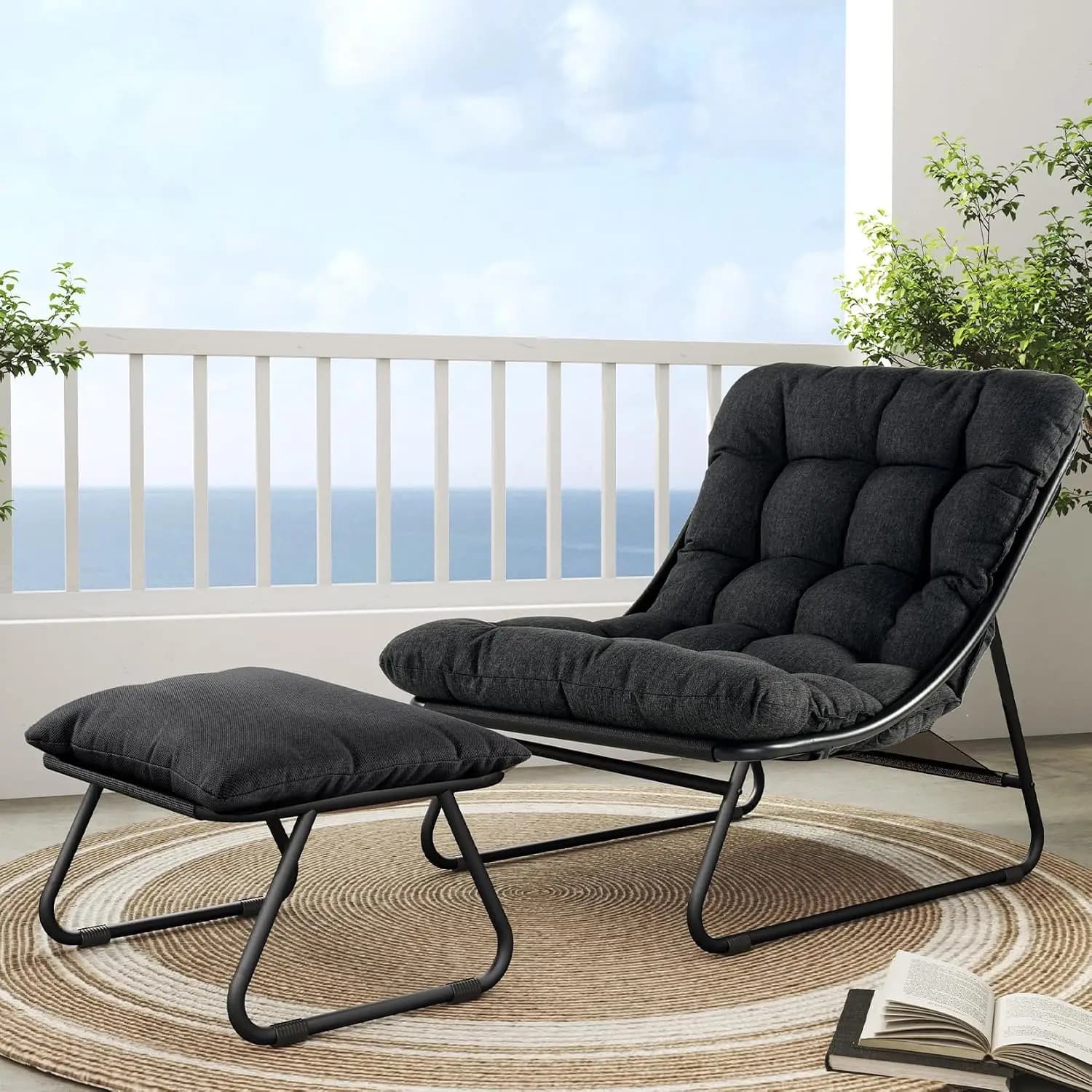 Outdoor Lounge Chair with Footrest & Cushion, Dark Gray Comfy Padded Metal Chair for Patio Porch Deck Living Room, Customized
