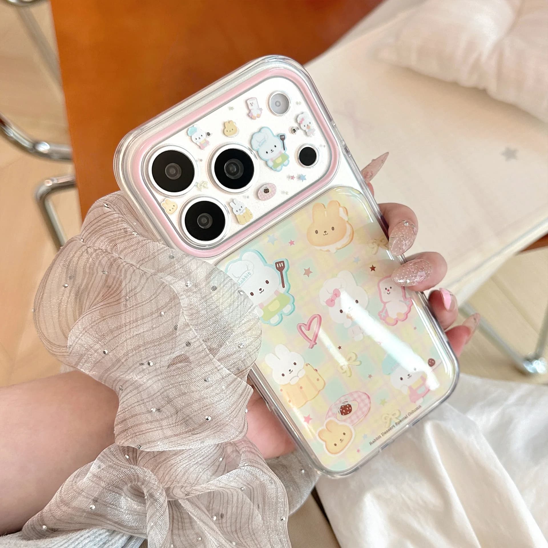 Korean Colorful Grid Pattern Cartoon Bunny Drop Glue Phone Case for iPhone 17 16 15 14 Pro Max Shockproof Protective Soft Cover