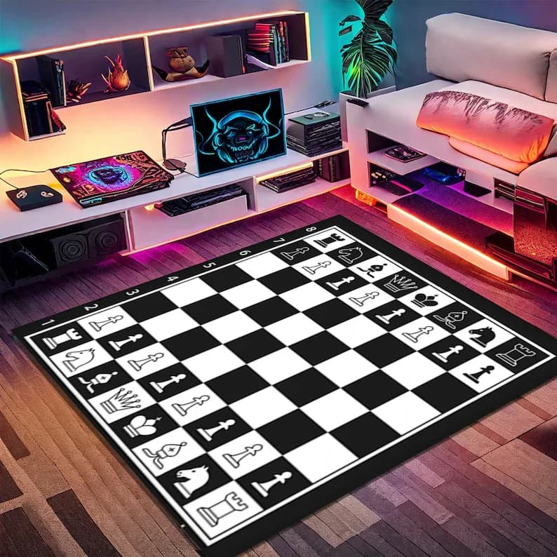 Tappeto da gioco a scacchi in marmo nero barocco con dettagli dorati per soggiorno e sala giochi