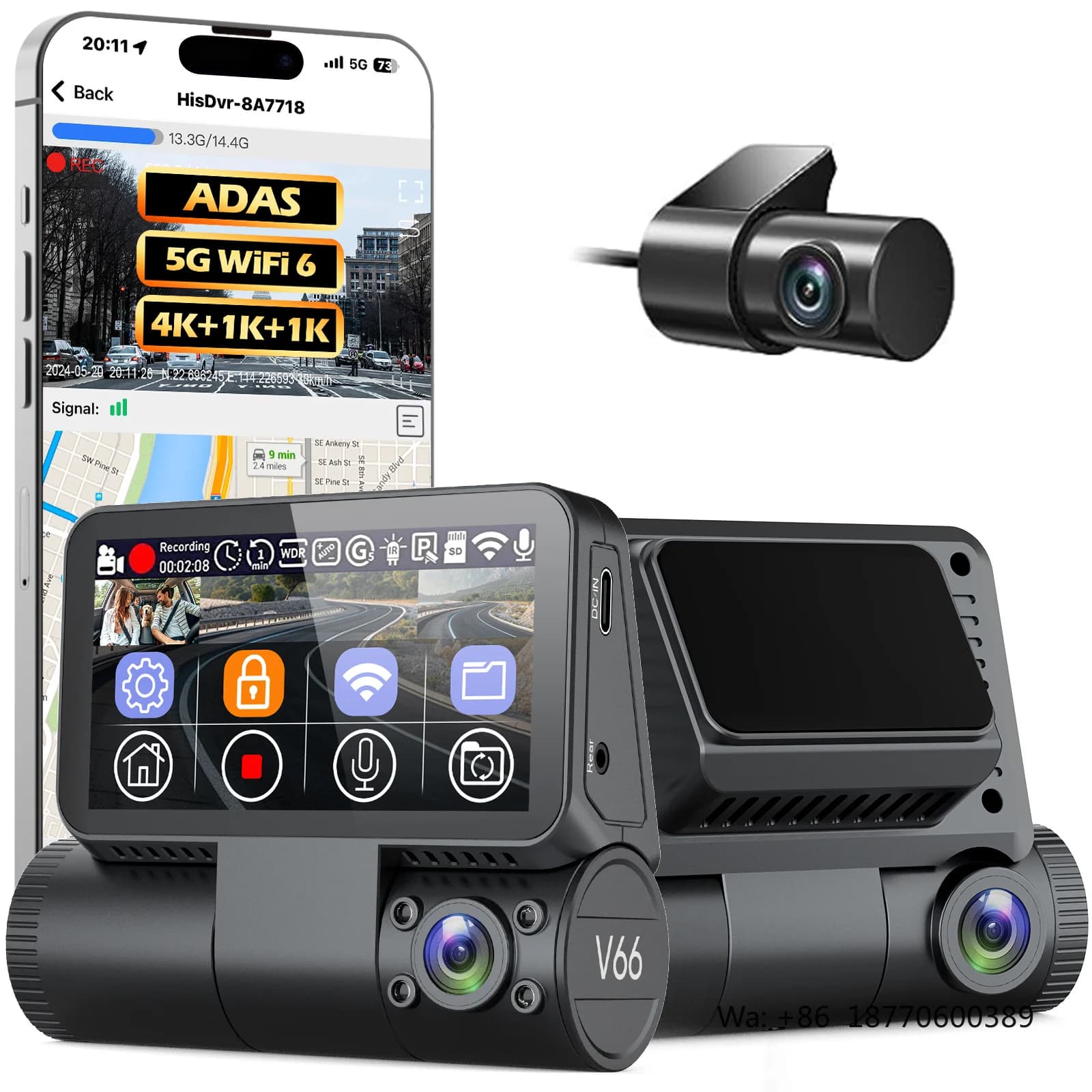 3.0 Inch IPS Touch Screen Adas 3 Channels 4K Dashcam Front and Rear Internal 3 Lens Dash Camera Wifi Gps 4k Dash Cam