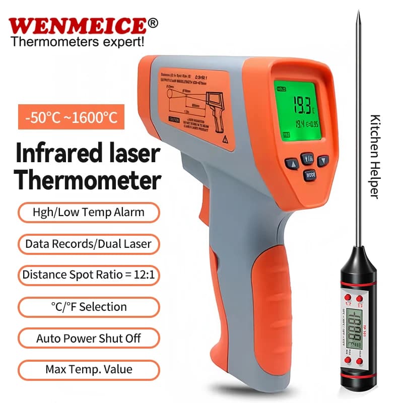 WENMEICE Termometro laser a infrarossi -50°C~1600°C Pirometro senza contatto Pistola per temperatura laser digitale a doppia tem