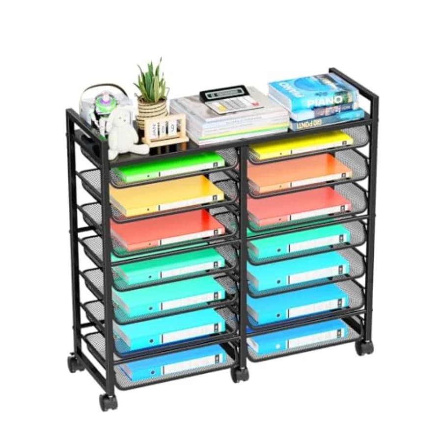 Carrello portaoggetti per file con rotelle Organizzatore di file da scrivania in metallo a 15 livelli con 14 vassoi scorrevoli in rete Carrello per disordine multifunzionale per ufficio